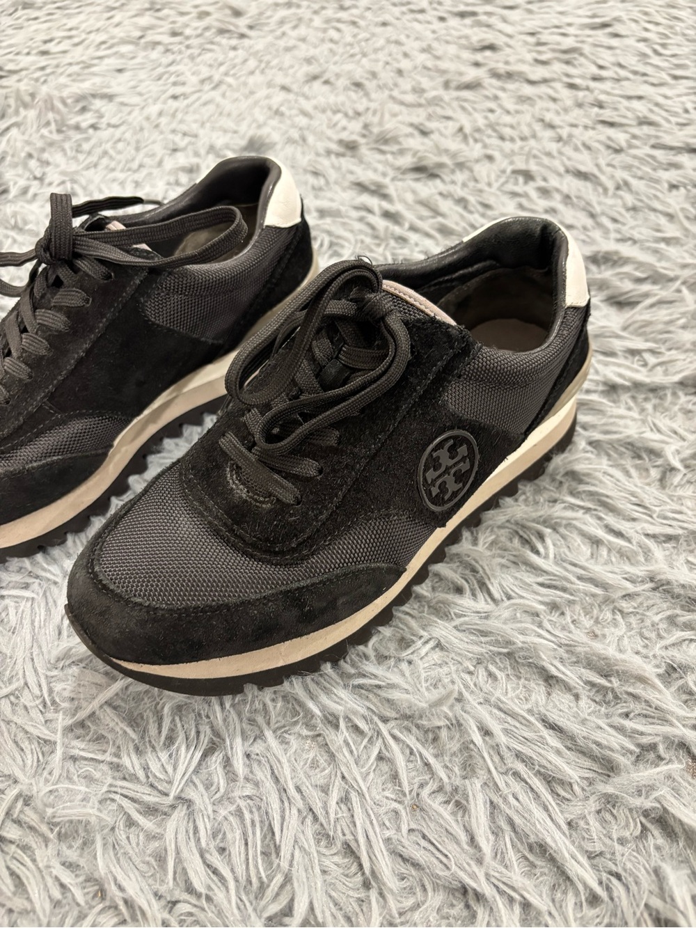 Tory Burch Sneakers Women’s 6.5 M Sawtooth Suede Canvas Black Grey Logo Trainers